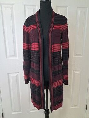 Chico's Open Front Long Cardigan Knit Sweater Stripes Fall Cozy Classic Small